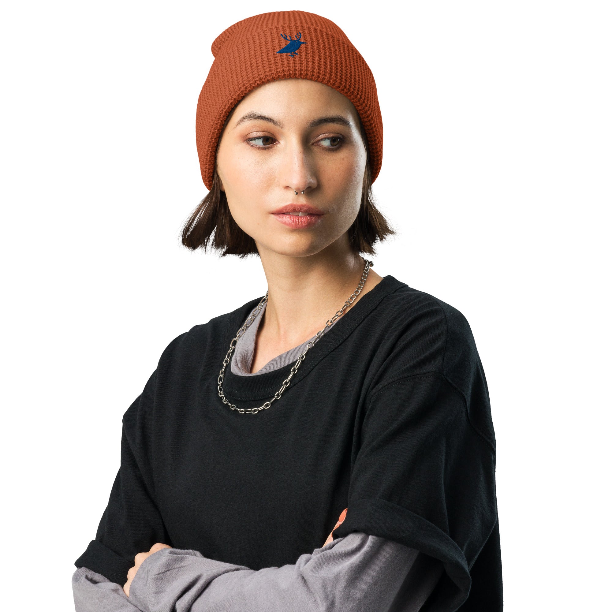 Women's waffle beanie for snowboarding and outdoor rust